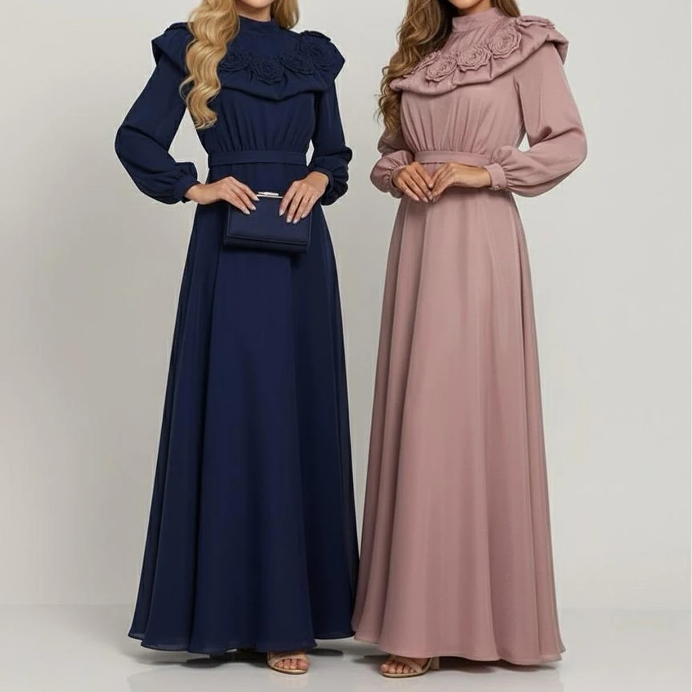 

Customized A-line Evening Dresses Ankle-length High-neck Full Sleeve Prom Gown Fashion Flowers Stole Simple Draped Party Gown