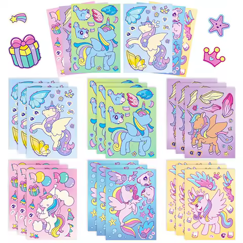 6/12PCS Rainbow Horse DIY Puzzle Sticker Games Unicorn Make A Face Funny Assemble Educational Stickers