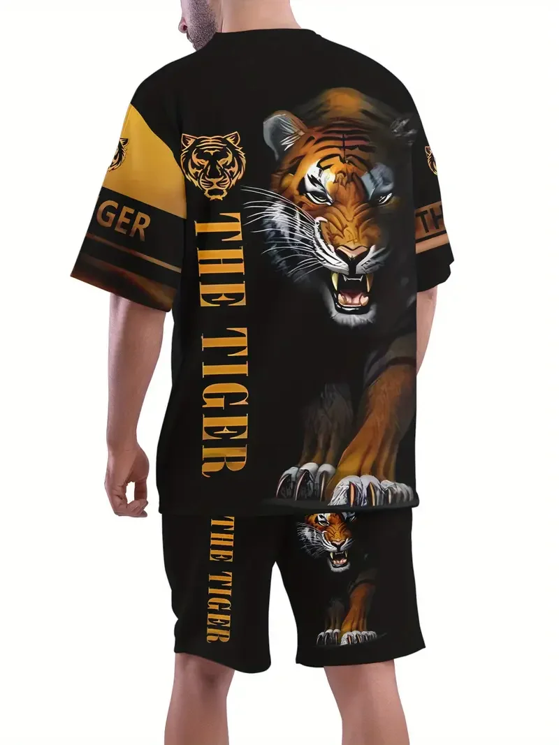 Men's Fashionable Casual Short Sleeved Shorts 3D Set Men's Summer Short Sleeved Round Neck T-shirt Set