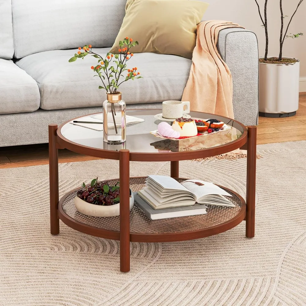 

Rattan Coffee Table, Boho Round Glass Tea Table with PE Rattan Storage Shelf & Wood Frame, 2 Tier Accent Center Table fo