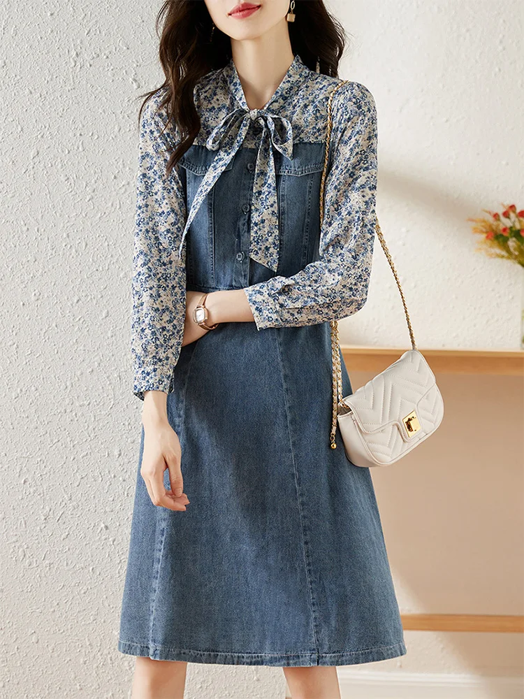 Vintage Floral Print Patchwork Denim Dress for Women 2023 New Spring Summer High Waist Elegant Office Lady Jean Dresses