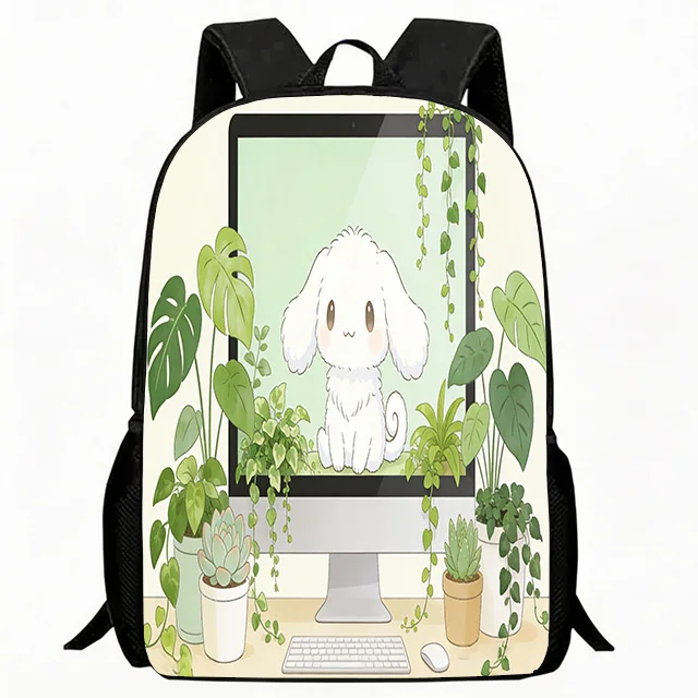 

Kids Bag Cute Fluffy Puppy Computer Screen Print Children Backpack, Green Houseplant and Desk Design School Bag, Lightweight Bre