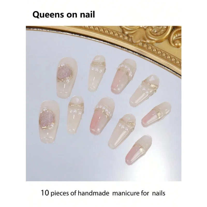 

10 Pieces Handmade press on Nails Ballet Style Fake Nails/Smudge/Y2k/Pearls/Hand-Painted Stripes/Glitters