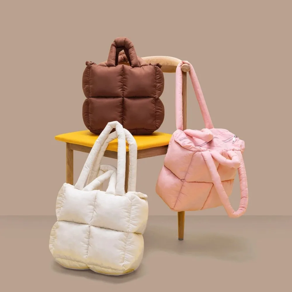 Fashion Nylon Cloth Puffy Shoulder Bag Large Capacity Quilted Down Feather Handbag Padded Soft Space Cotton Shopping Tote view 2