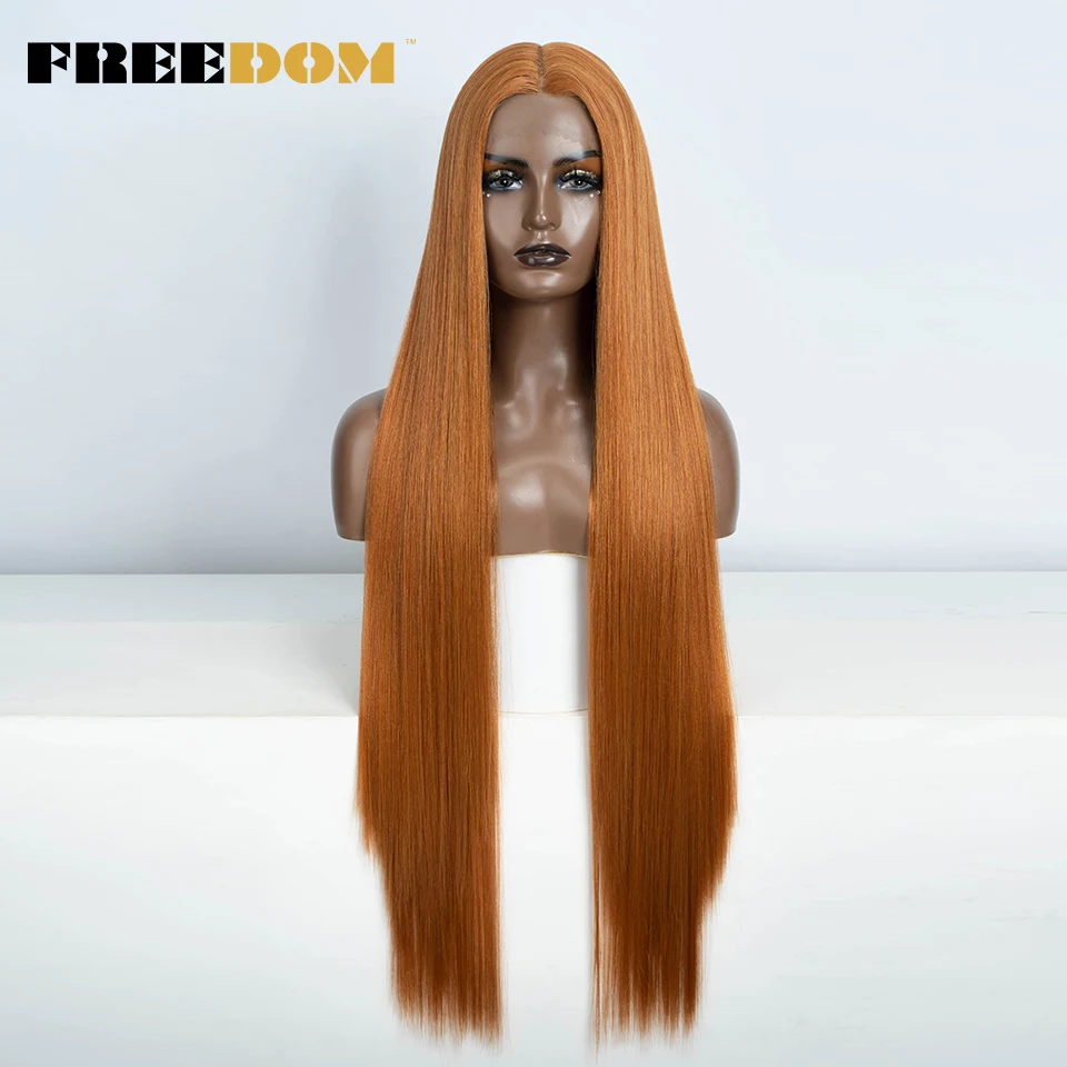 VRIJHEID Rechte Synthetische Kant Voor Vrouwen 38 Inch Lange Ombre Bruin Rood Blond Hoogtepunt Kant Frontale Pruiken Cosplay Pruik