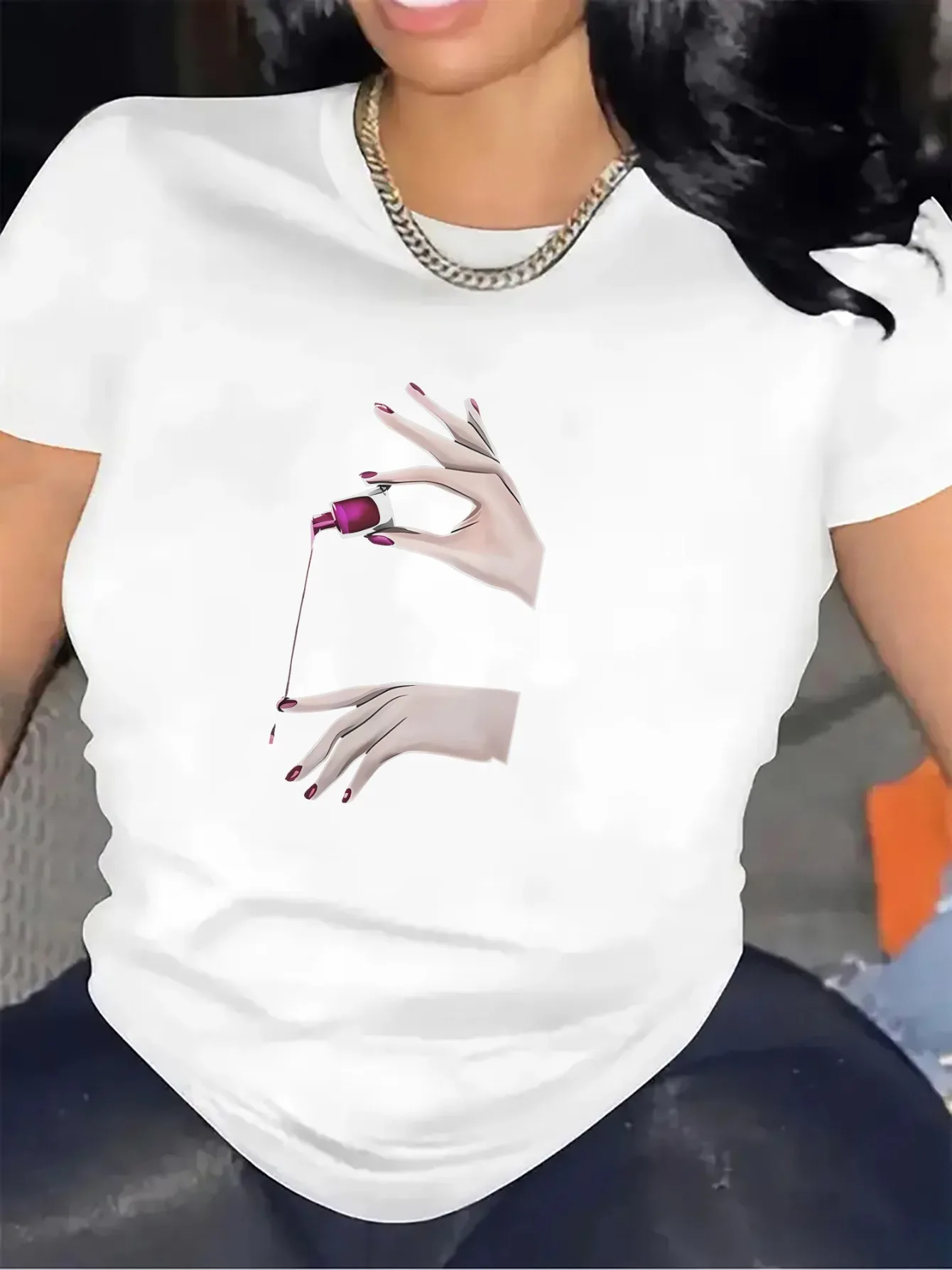Sleeved T-Shirt Suitable for Home Office Use Designed with Sturdy Metal Chain Necklace Harajuku Sleeve Casual Aesthetic Clothes