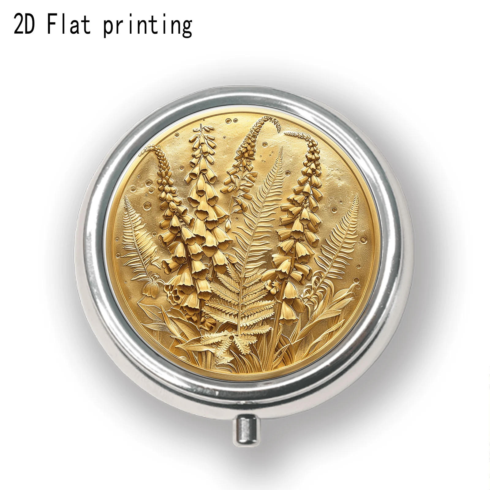 A round box, with a gold-plated three-dimensional fern relief pattern, European light-luxury vintage style, flat printing, round portable box, small portable metal box, press-type jewelry box, size, can be used for