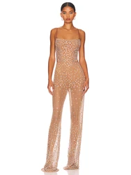 Sexy Träger Perspektive Mesh Kristall Diamant Overall Frauen Aprikose ärmellose rücken freie glänzende Strass Overalls Party Club