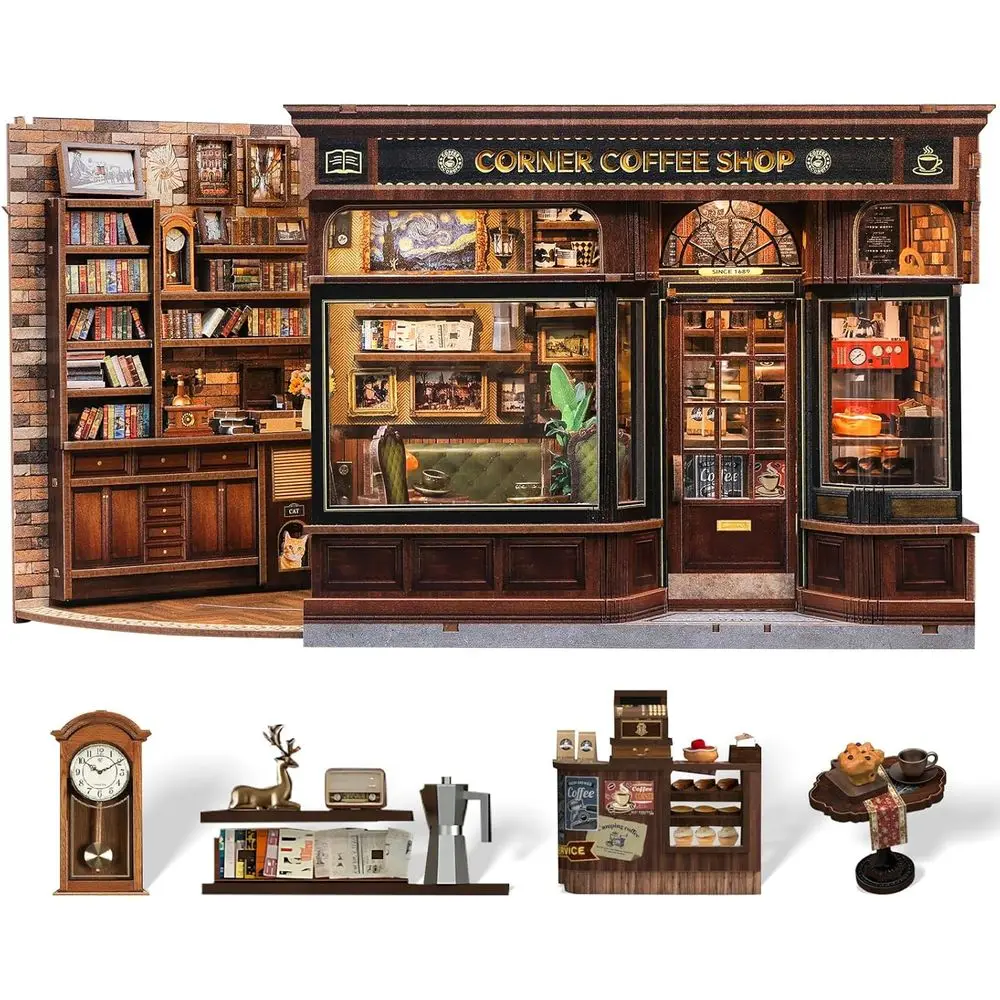 Nook Kit - DIY Miniature House Coffee Shop Dollhouse Kit for Adults, Booknook Tiny House Bookshelf Decor 3D Wooden Puzzle, Gifts
