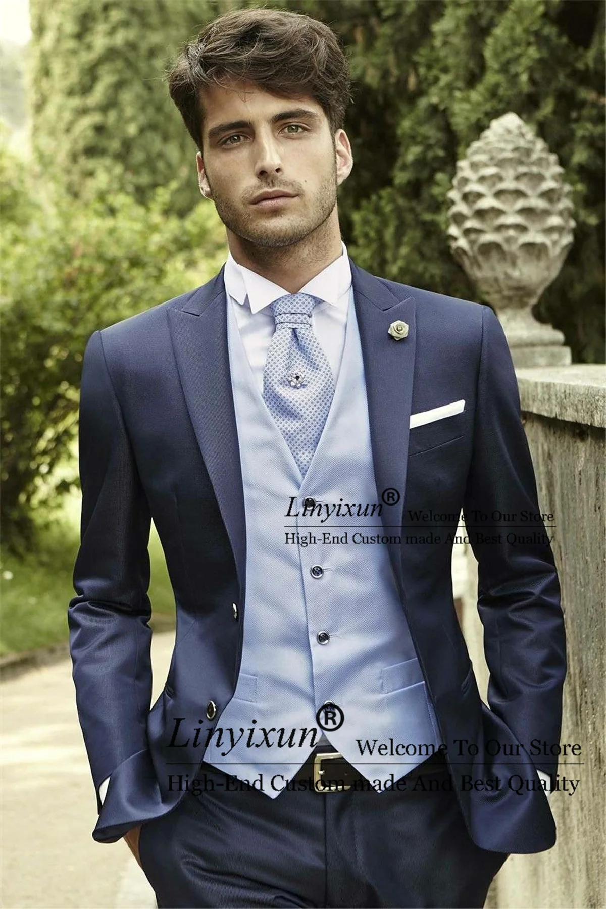 

Handsome Navy Blue Mens Suits For Wedding Peak Lapel Groom Tuxedo 3 Pieces Groomsmen Blazer Sets Slim Business Costume Homme