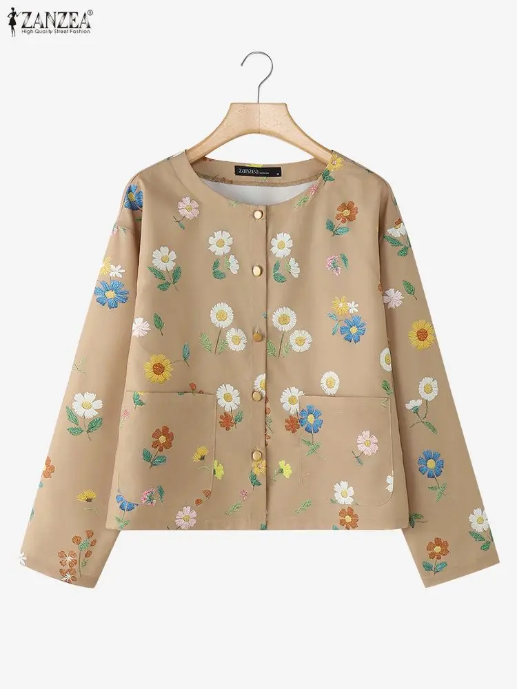 

ZANZEA Floral Printing Women Shirts Autumn 2025 Casual O-Neck Long Sleeve Button Up Patch Pockets Outerwear Woman Clothes S-3XL