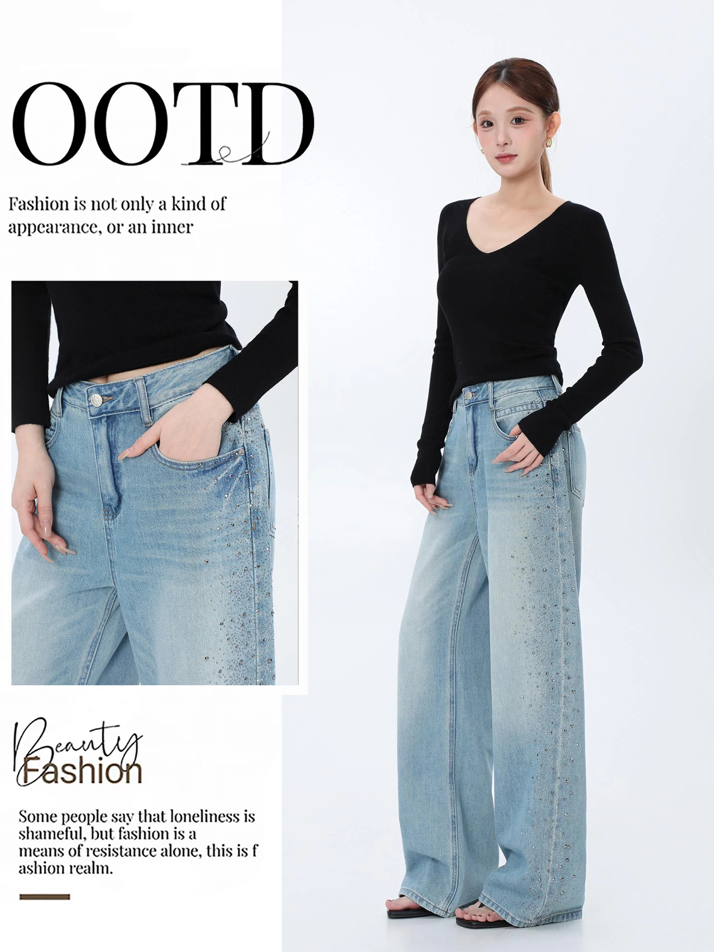 

Retro American High Waist Waed Jeans Women's Loose Straight Leg Diamond Embellied Polyester Fiber Stand Fit Spring 2026