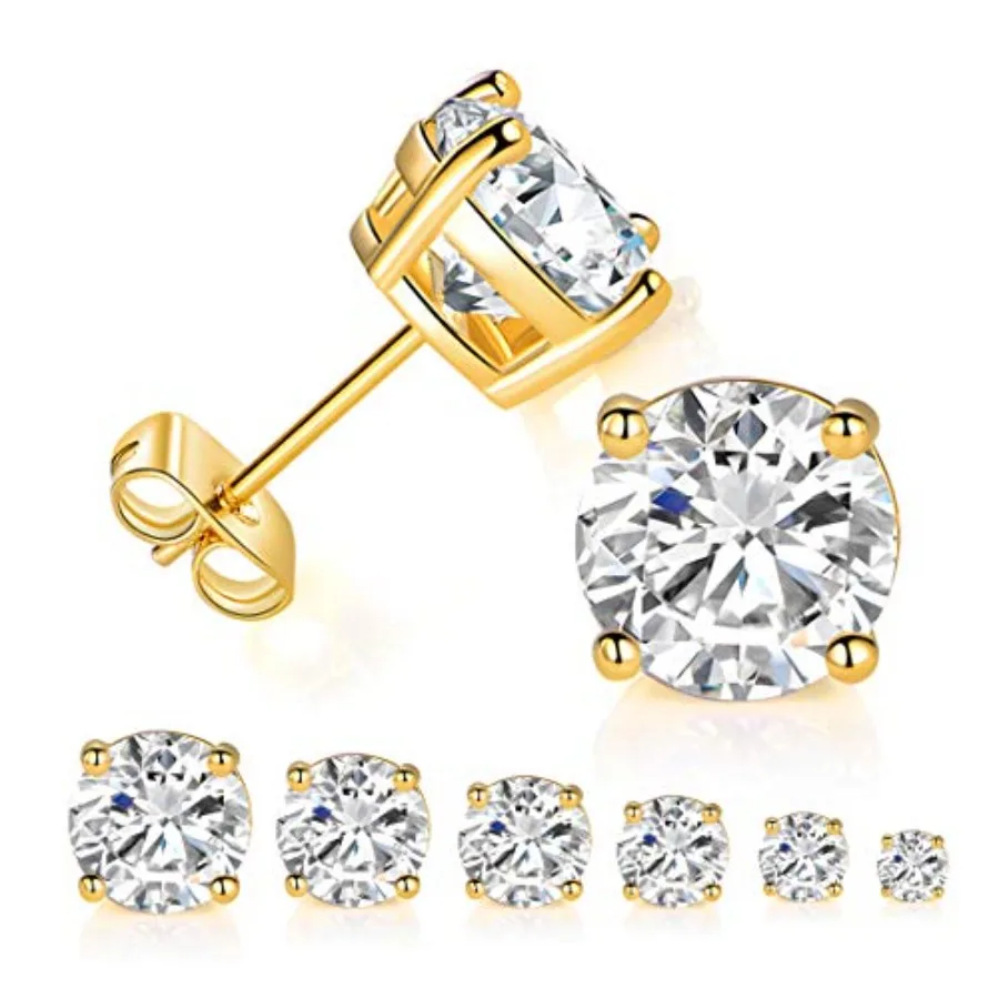 

6 Pairs 14K Yellow Gold Plated Round Cut Clear Cubic Zirconia Stud Earring Pack