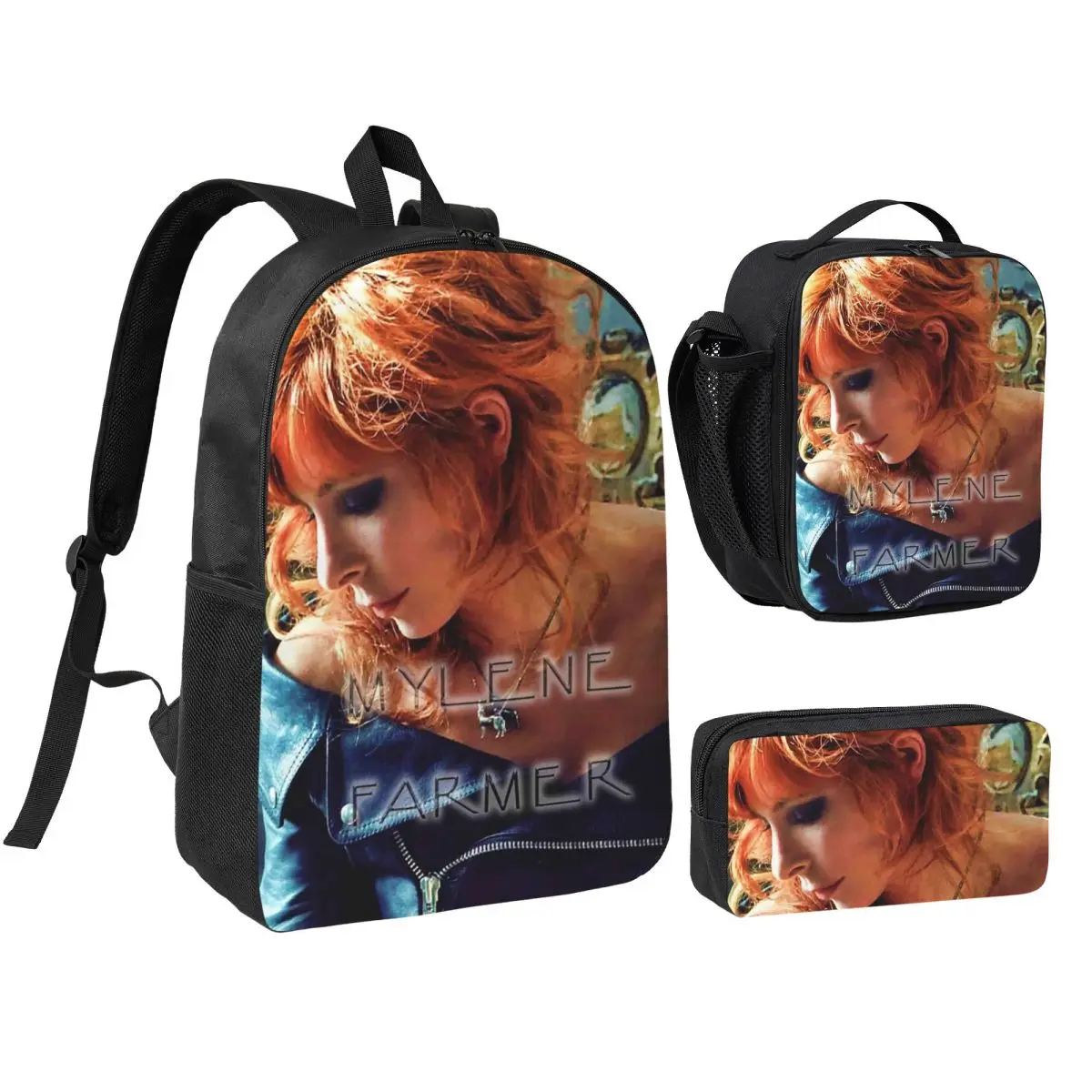 

Mylene Farmer French Singer Backpack Boys Girls BookBag School Bag Shoulder Bags 3ps Insulated Lunch Bag Pencil Case