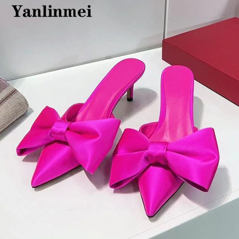 

New Big Butterfly-knot Slippers Woman High Heels Dress Party Shoes Women Pointed Toe Satin Slides Summer Stiletto Slippers Women