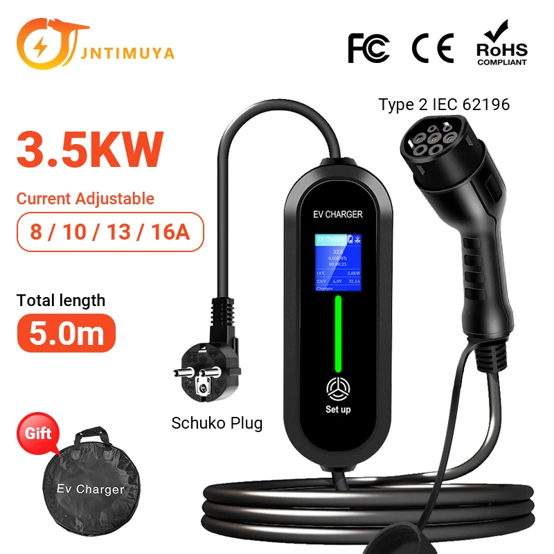 JNTIMUYA Portable EV Charger Type2 IEC62196-2 16A EVSE Fast Charging Cable Type1 SAEJ1772 Wallbox 3.5KW GBT Electric Car Charger