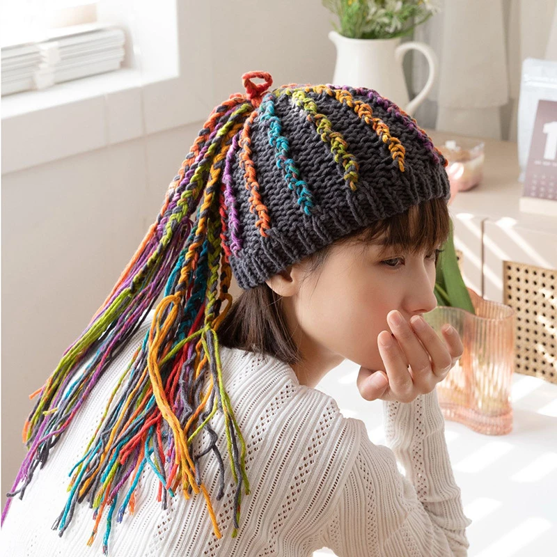 Fashion Color Dirty Braids Pontails Hats for Women Girl Keep Warm Hats Women Tassel Ear Protection Hat Hip-Hop Dirty Braid Caps