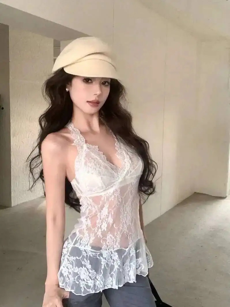 Sexy Sweet Lace Mesh Neck Hanging Dress Backless Deep V Suspenders Sleeveless Transparent Dress Charming Elegant Beautiful WDRY