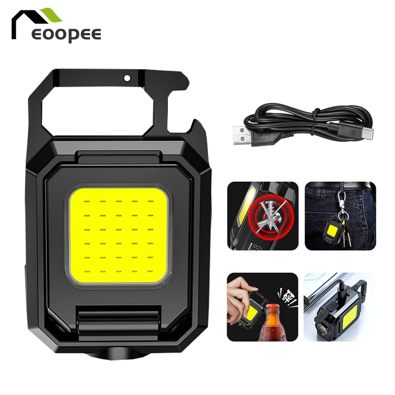 Mini Super Bright LED Working Light USB Rechargeable Keychain Light COB Flashlight Waterproof Torch for Outdoor Camping Fishing