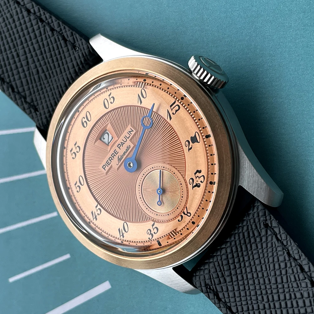 ساعة بيير بولين للقفز للرجال بحلقة برونزية عتيقة بمينا سمك السلمون وساعات أوتوماتيكية Reloj Hombre