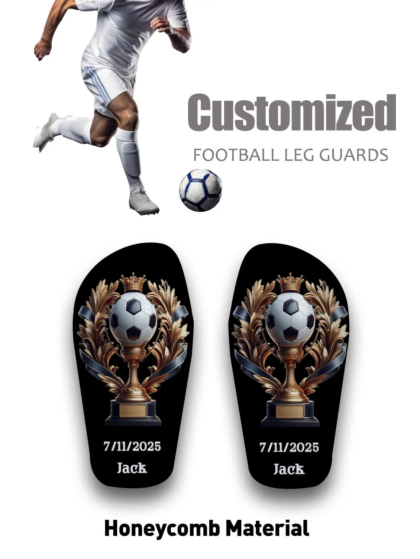 1 par de espinilleras con foto personalizada de fútbol, núcleo de Pe ligero y resistente + amortiguación de Eva, agradable para la piel para partidos y entrenar