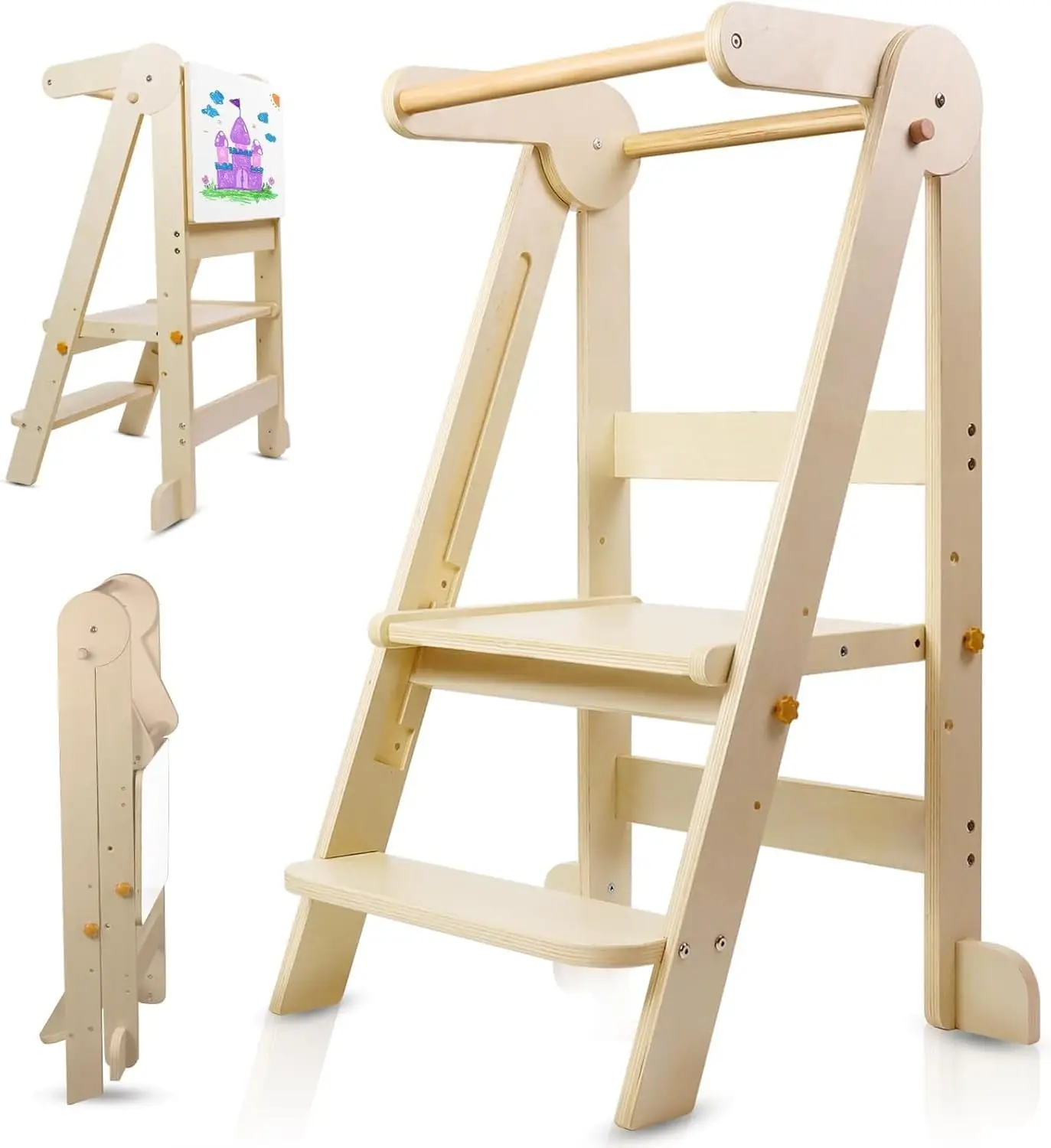 برج مطبخ للأطفال الصغار قابل للطي، مساعد مطبخ مونتيسوري للأطفال مع سبورة بيضاء وسكة أمان، مقعد لدرج تعلم الأطفال #1