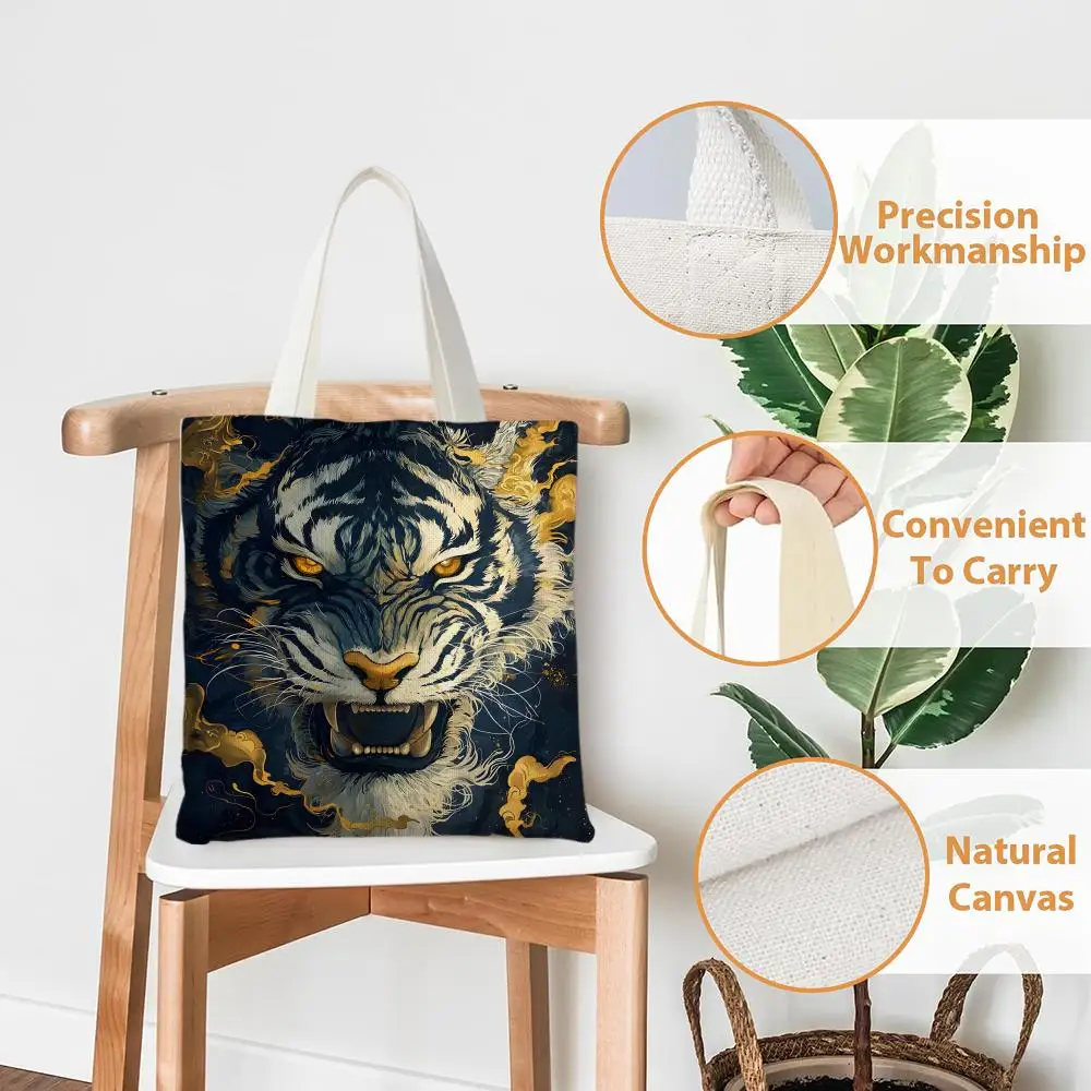Tiger Golden Mist Storage Bags Canvas Tote Bag Large Capacity Double-Sided Print Reusable Shopping Bag Eco-Friendly Shoulder Bag 4