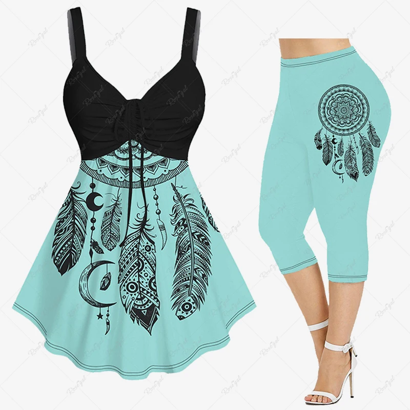 Plus Size Printed Cinched Tank Top Or Capri Leggings Women\'s Casual Butterfly Rose Flower Colorful Feather Moon Matching Suit