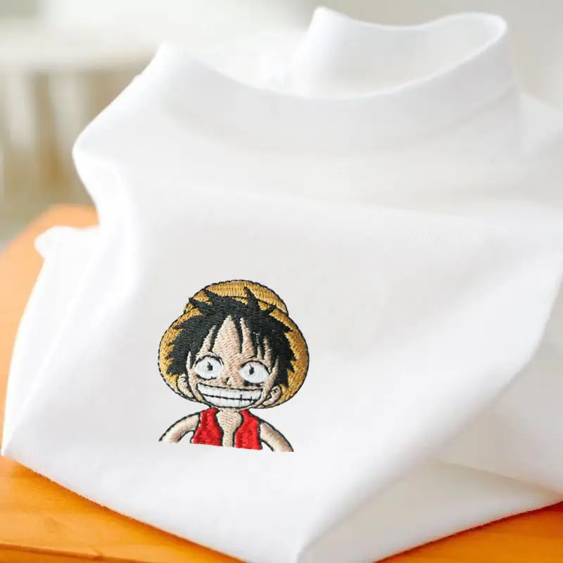 

One Piece Cute cartoon cartoon peripheral Luffy embroidered pure cotton T-shirt Kawaii round neck loose short-sleeved top gift