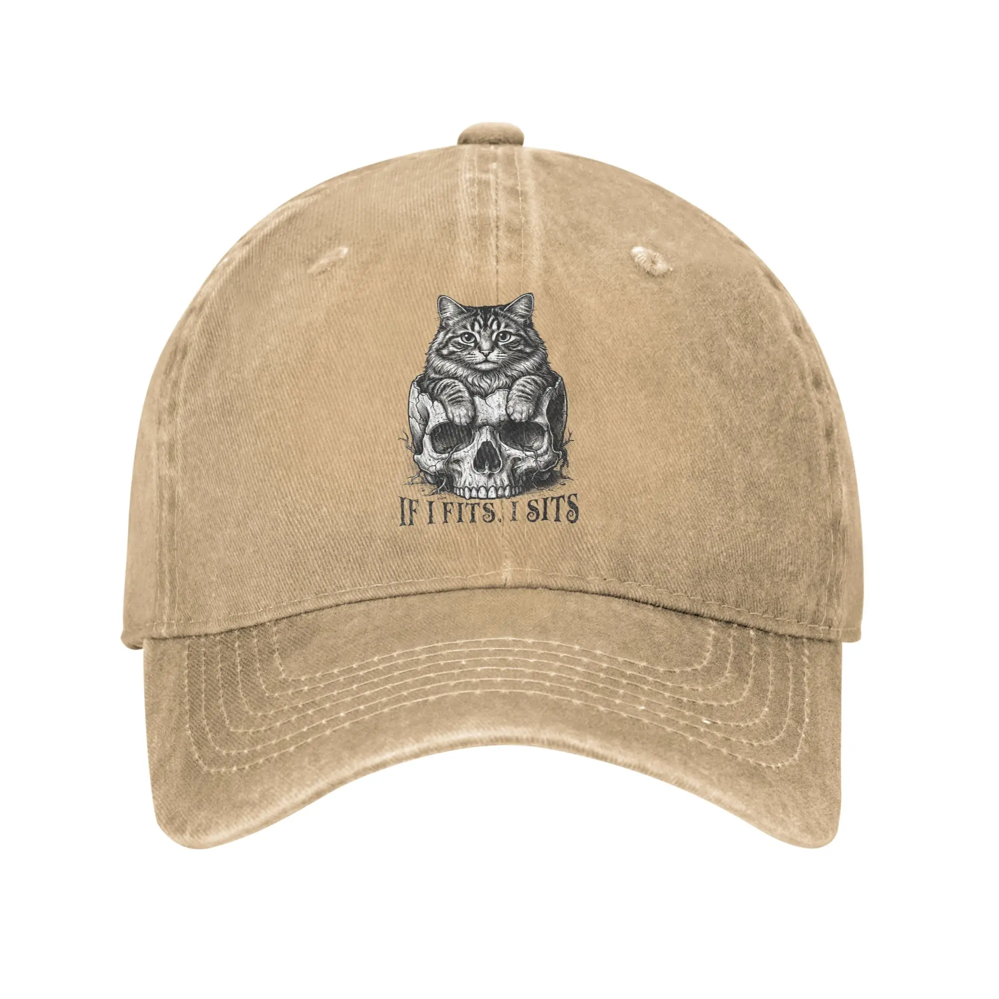 If I Fits I Sits Black Cat Skull Gothic Dark Humor Sun Baseball Cap  Stylish Unisex-Teens Washed Trucker Hat Sun-Proof B