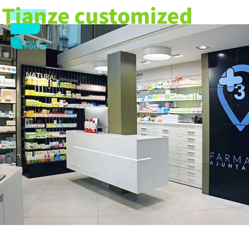 

Customized-Retail Pharmacy Furniture Medical Shop Racks Pharmacy Equipment Pharmacy Interior Modern Medical Store Counter Design