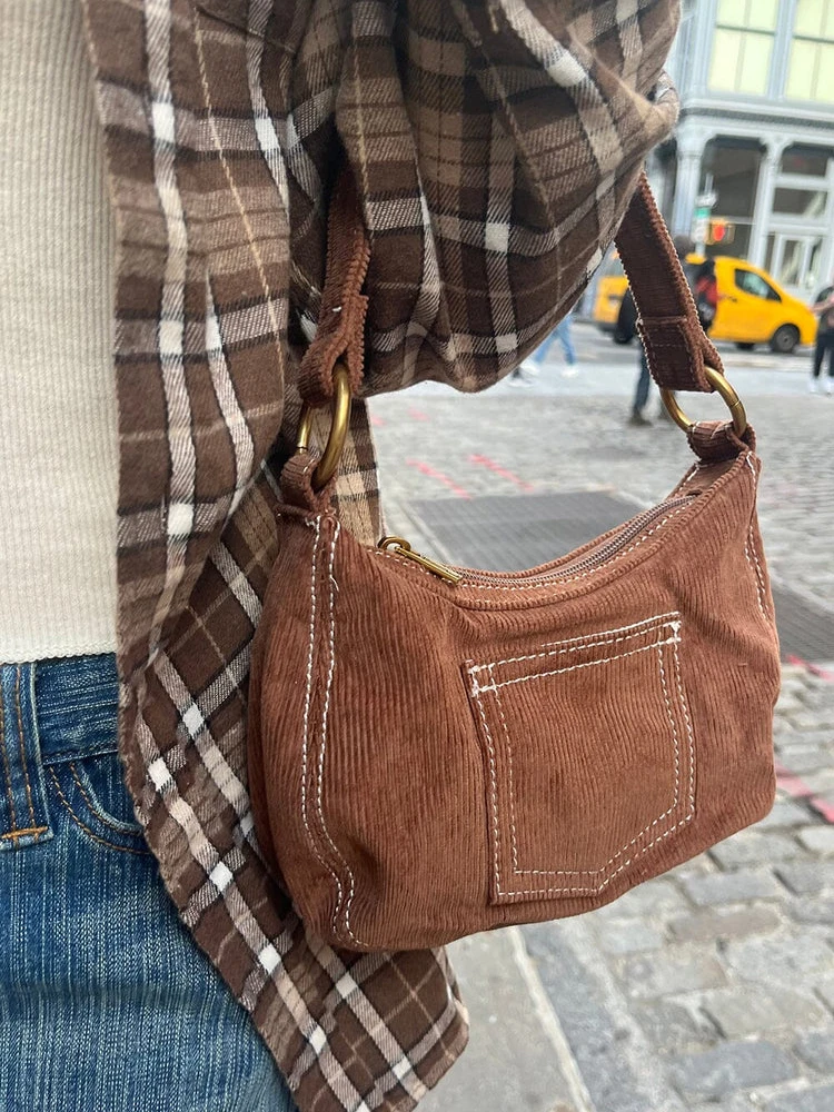 Bolso de mano de pana marrón para mujer, bolsa de hombro Vintage con bolsillo de algodón de alta calidad, costura blanca, cuatro estaciones