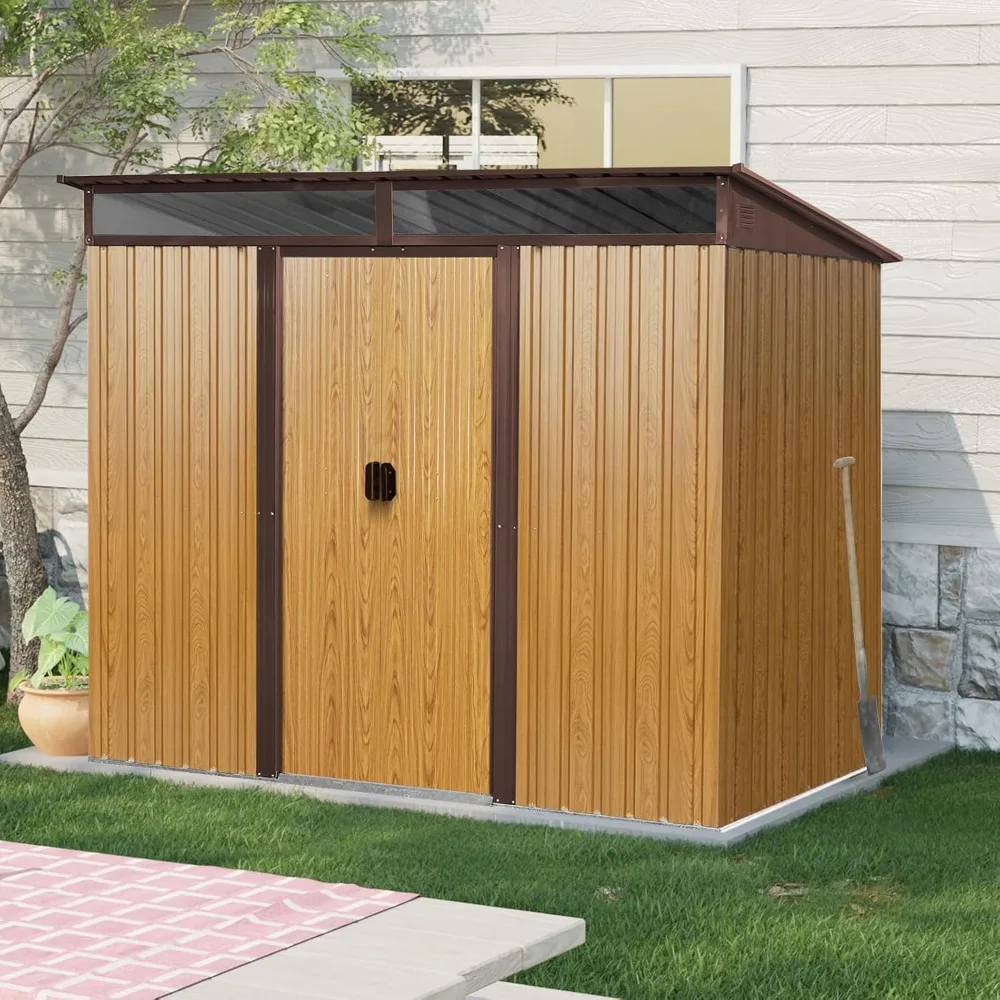 

8x6 ft Outdoor Metal Storage Shed with Floor Foundation, Galvanized Steel Tool Shed with Lockable Sliding Door, Transparent Plat