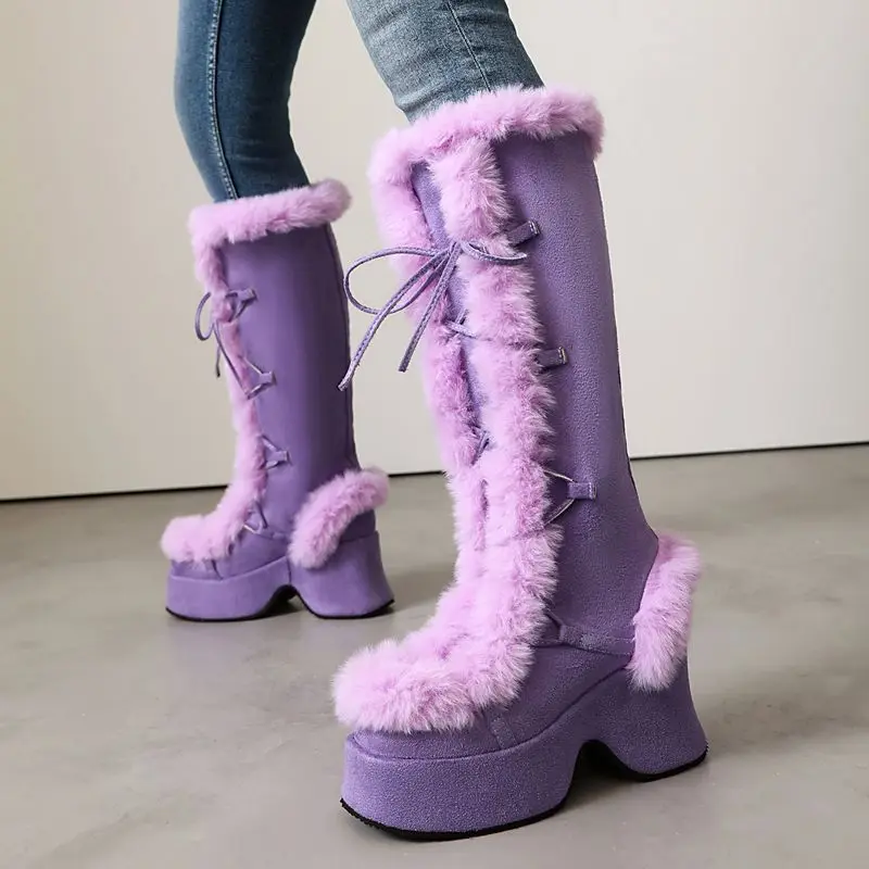 SIMLOVEYO mode femme hiver bottes de neige bout rond talons épais 8.3 cm plate-forme 4.3 cm à lacets fourrure mixte chaud genou Bota 42 43