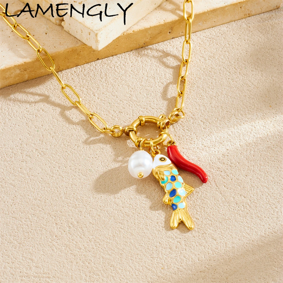 LAMENGLY 316L acier inoxydable créatif bleu émail os de poisson Chili perle pendentif collier femmes roman personnalisé cou chaîne