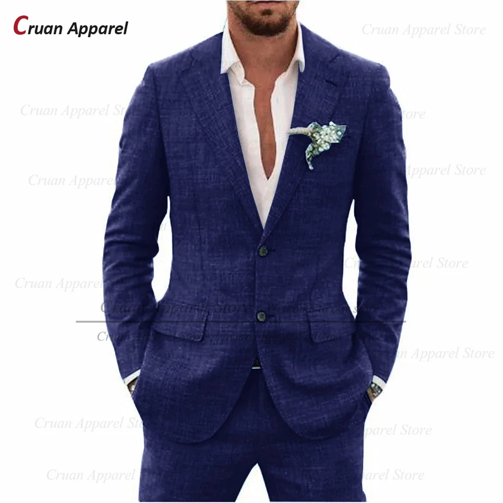 

Fashion Royal Blue Linen Suit For Men Formal Party Custom Notch Lapel Blazer Pants 2 Pieces Holiday Travel Beach Casual Outfits