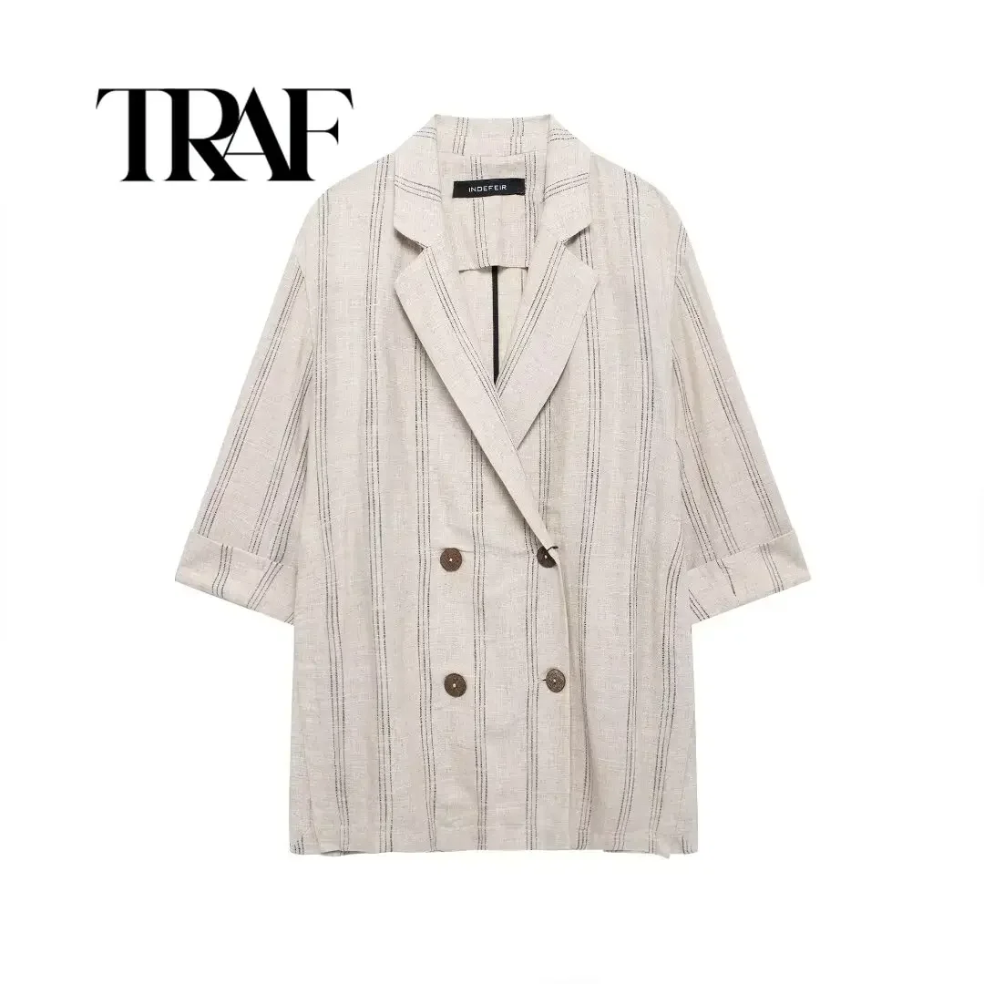 

TRAF Summer Fashion Linen Women's Striped Blazer V-Neck Double-Breasted Women's Three-quarter Sleeve Commuting Top Jacket