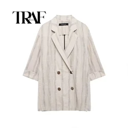 TRAF Summer Fashion Linen Women's Striped Blazer V-Neck Double-Breasted Women's Three-quarter Sleeve Commuting Top Jacket