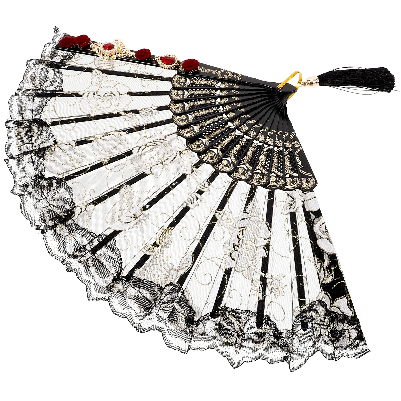 

Retro Hand Fan Vintage Folding Fans Black Red Crystal Cross Dark Tassel Chinese Traditional Decoration Easy to