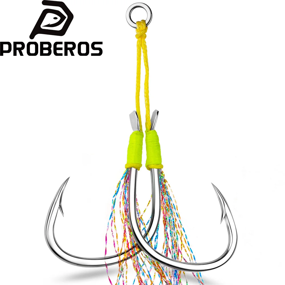 PROBEROS 1-5 Slow Jig Feather Assist Fishing Twin Hooks 2Pairs/lot High Carbon Steel Fish Hooks Double Barbed Durable Hook Peche
