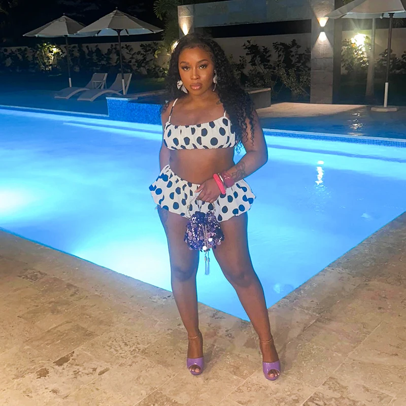 

Women Holidays Suits Retro Polka Dot Two Piece Sets Spaghetti Strap Ruched Crop Top + Bubble Puff Shorts Outfits