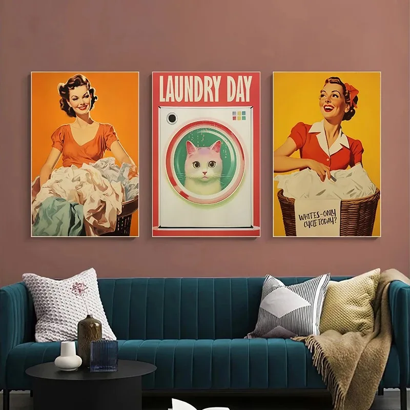 Funny Laundry Day Poster Porth The Cat on The Clothes Housewife Canvas Painting Retro Wall Art Picture Bathroom Home Decor