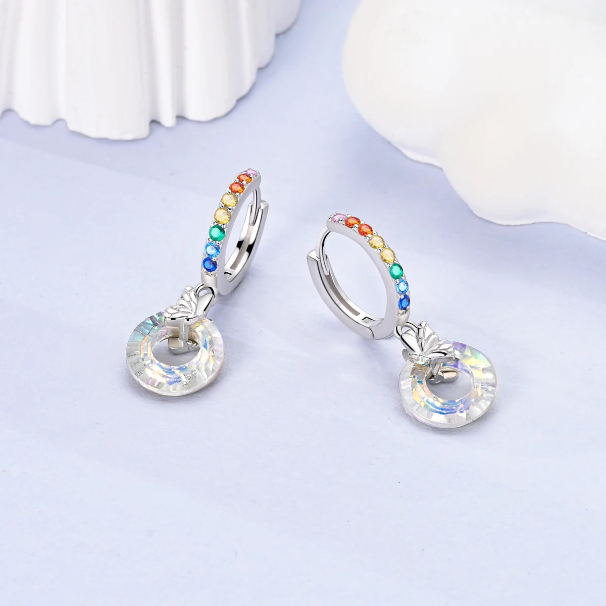 925 Sterling Silver Rainbow CZ Butterfly Aurora Ring Dangle Hoop Earrings Sweet Party Jewelry Present for Women