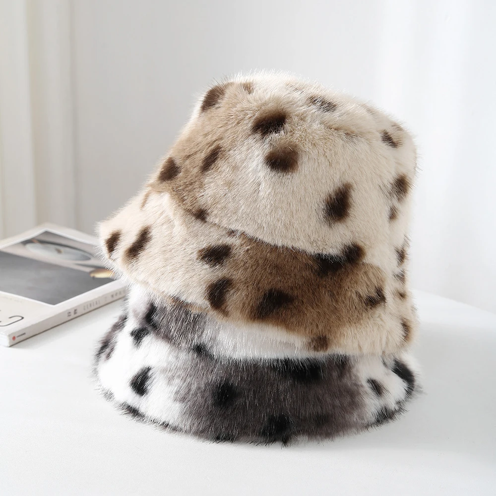 

Bucket Hat Fluffy Leopard Pattern Women Warm Accessory For Autumn Winter Outdoor Climb Cycling Party