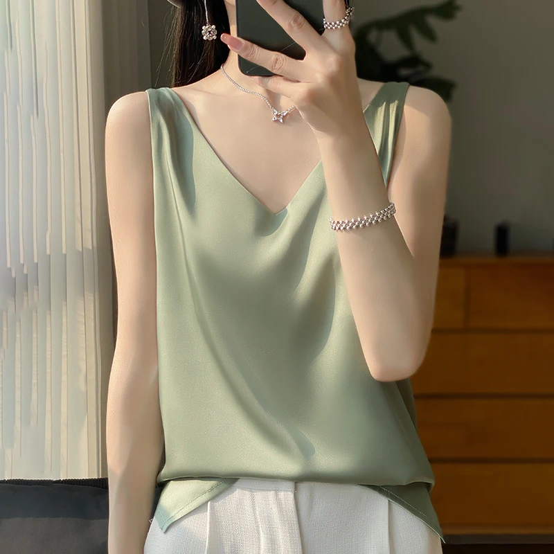 Silk Satin Women Double Shoulder Camisole Tank Top V-neck Sleeveless Top T-shirt Elegant Crop Top Solid Casual Basic 2025 Summer