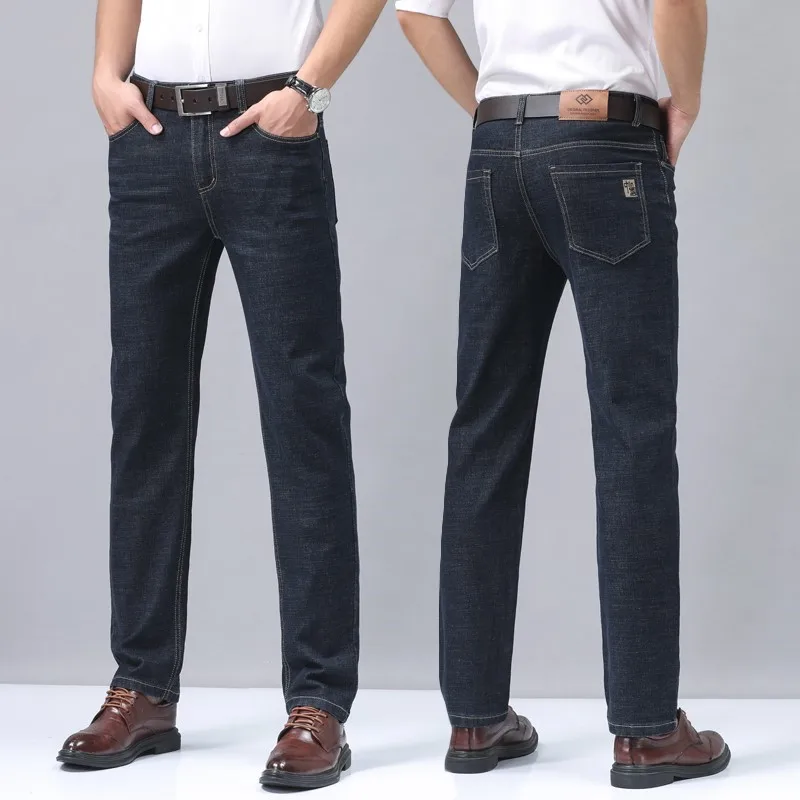 Jeans da uomo in Denim moda Casual di marca pantaloni dritti da lavoro elastici moda comodi pantaloni da gentiluomo quotidiani neri blu