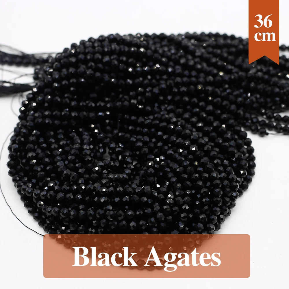 Contas de ágata preta natural facetada, pedra natural redonda, espaçador solto, frisado para fazer colar de joias diy, pulseira 2mm 3mm 4mm