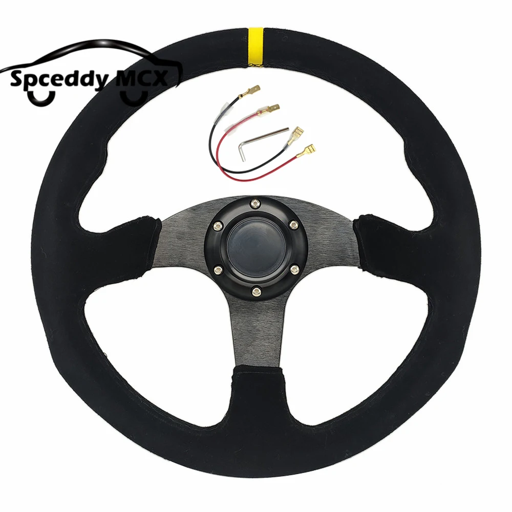 No Logo Car Flat Gaming Steering Wheel Suede Racing Drift 14inch 345mm Steering Wheel Ring With Yellow Ring Black Stitching