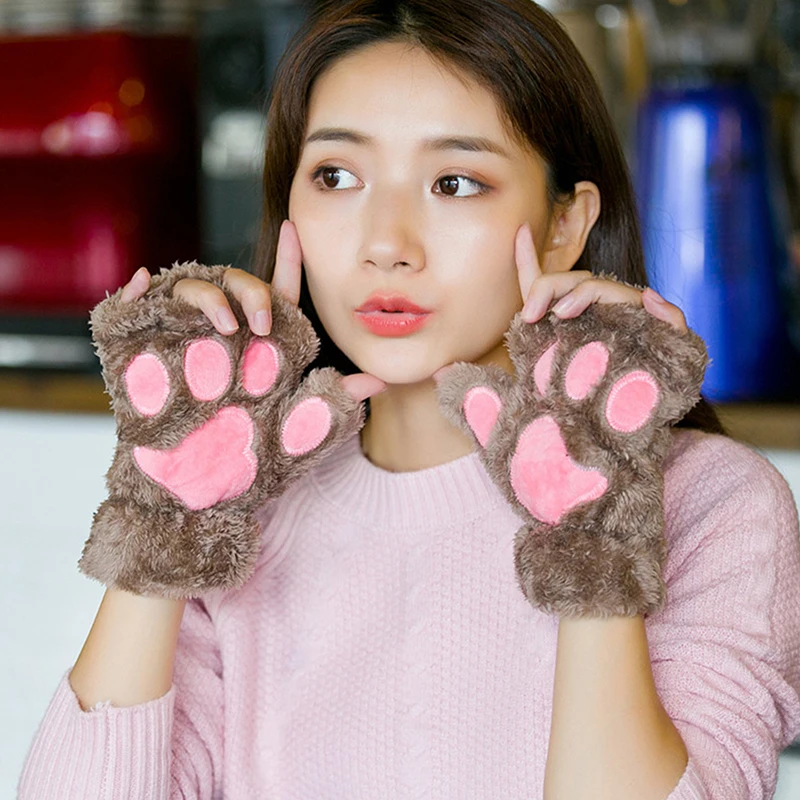 Lovely Plush Cat Claw Paw Gloves Plush Mittens Warm Soft Plush Short Fingerless Fluffy Bear Gloves Costume Half Finger Gloves