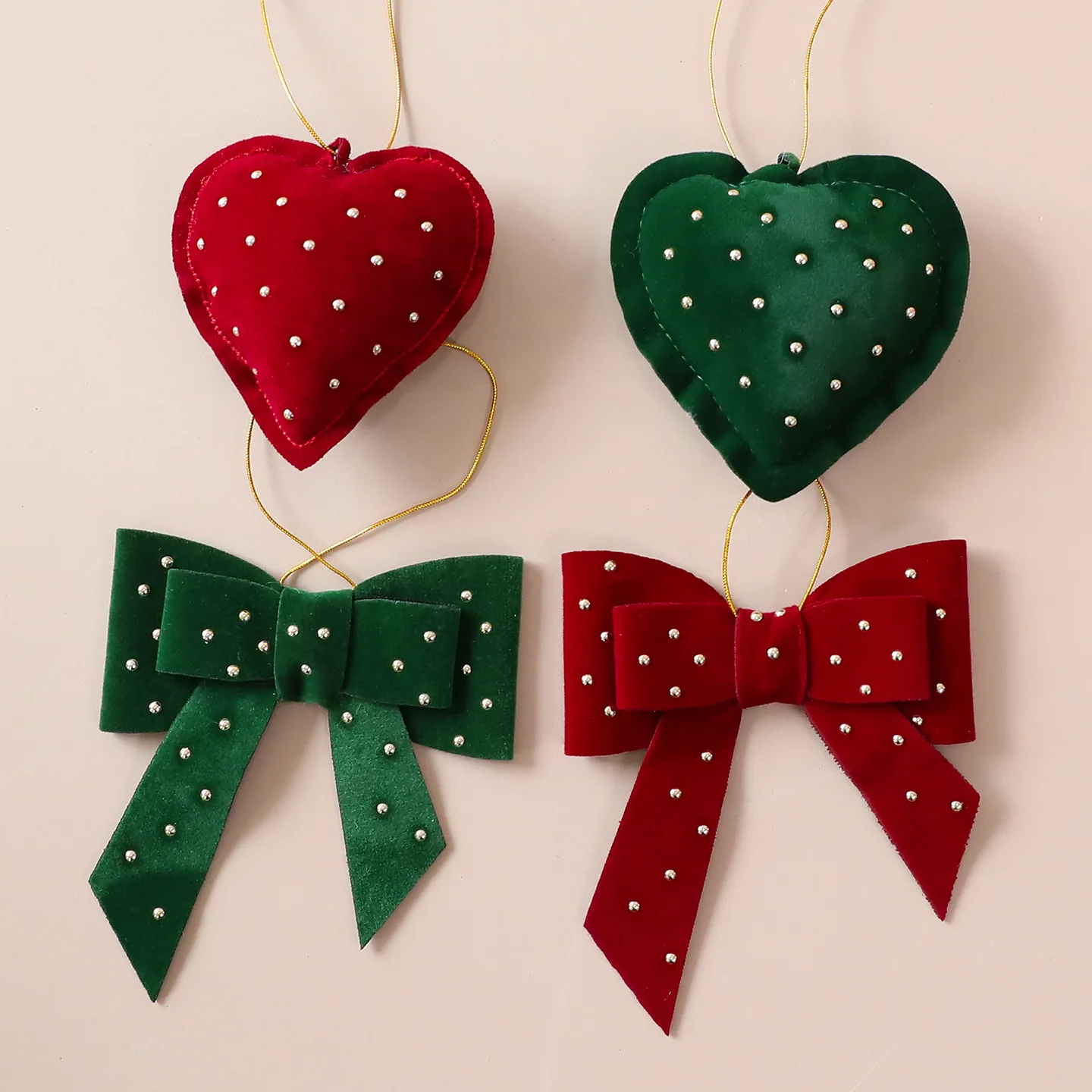 

2026 New Cotton Christmas Tree Hanging Love Bow Christmas Decoration Window Hanging Decoration Red Green Heart-shaped Pendant